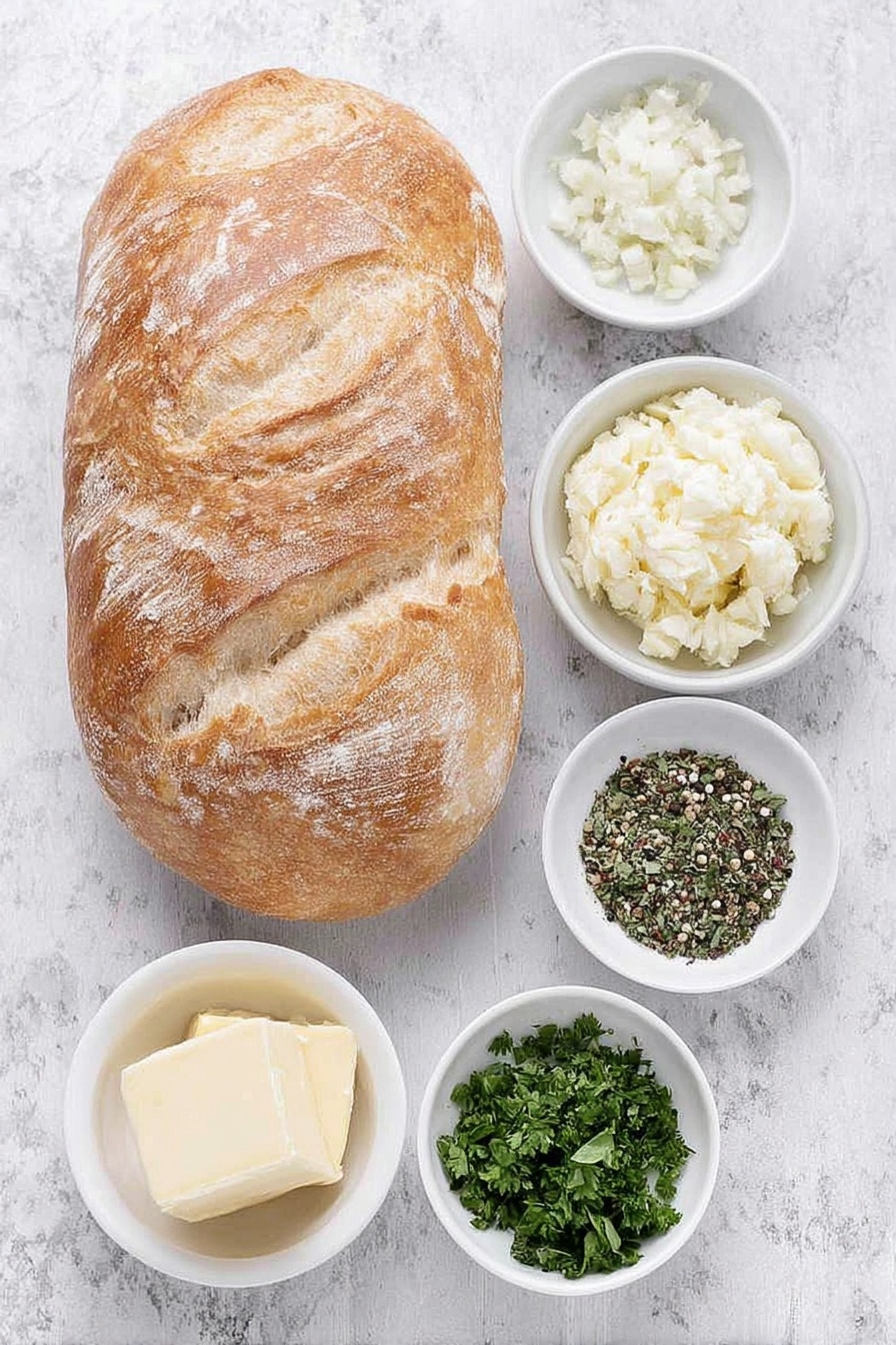 Garlic Bread, garlic bread recipe, easy garlic bread, homemade garlic bread, buttery garlic bread - Flat lay of a halved loaf of fresh French bread with a golden crust, a small white ceramic bowl of softened salted butter, a small white bowl filled with minced fresh garlic, a small white bowl containing finely chopped fresh parsley, a small white bowl with finely chopped fresh basil, a small white bowl of finely chopped fresh oregano, and a small white bowl with freshly ground black pepper, all arranged symmetrically on a clean white marble surface, soft natural light, photo taken with an iPhone, professional food photography style, fresh ingredients, white ceramic bowls, no bottles, no duplicates, no utensils, no packaging --ar 2:3 --v 7 --p m7354615311229779997