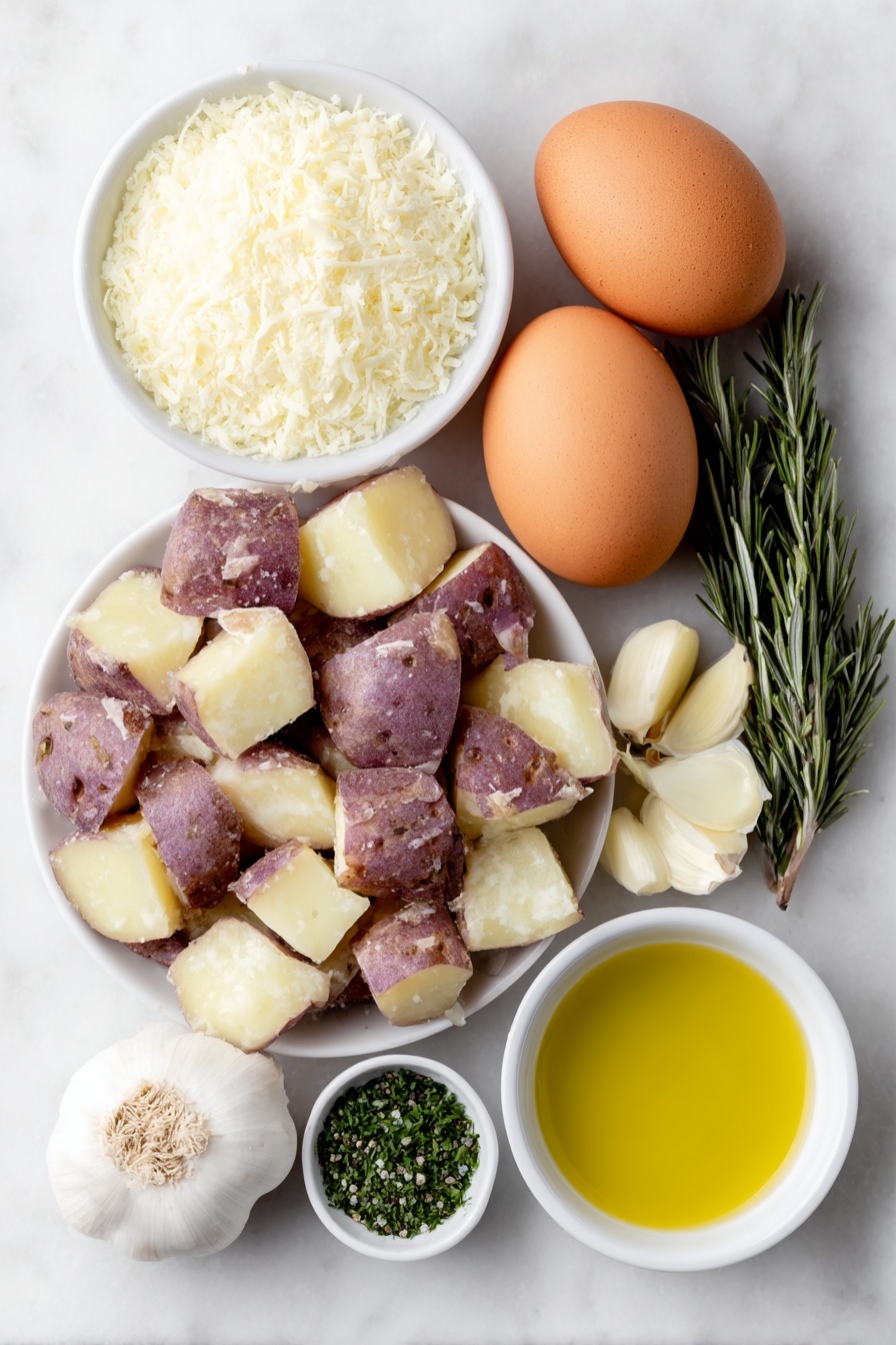 Garlic Parmesan Roasted Potatoes, crispy roasted potatoes with garlic and parmesan, easy garlic parmesan potatoes, savory roasted potato side dish, homemade roasted potato recipe - Flat lay of fresh red potatoes cut into chunky thirds, three whole uncracked brown eggs, a small white bowl of grated Parmesan cheese, a small white bowl of golden olive oil, three whole garlic cloves, a small white bowl of chopped fresh rosemary, a small white bowl of chopped fresh parsley, a small white bowl of sea salt and black pepper mixed, all arranged symmetrically on a clean white ceramic surface, placed on a clean white marble surface, soft natural light, photo taken with an iPhone, professional food photography style, fresh ingredients, white ceramic bowls, no bottles, no duplicates, no utensils, no packaging --ar 2:3 --v 7 --p m7354615311229779997