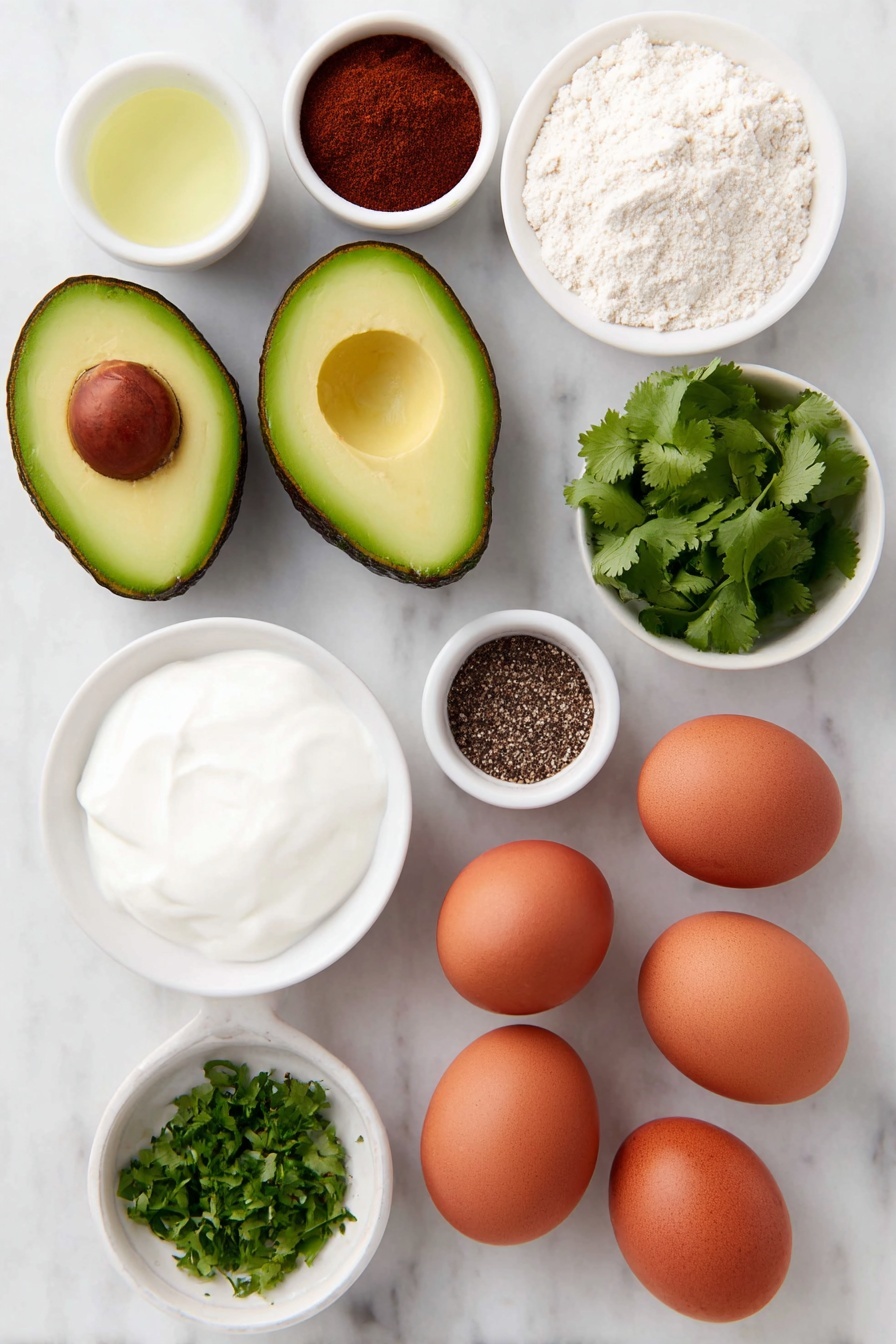 Crispy Avocado Fries with Cilantro Lime Sauce, avocado fry recipe, crispy avocado snacks, healthy avocado appetizers, easy avocado fries - Flat lay of two firm ripe avocados sliced into thick wedges, a small pile of pale all-purpose flour, a small white bowl with ground cumin, a small white bowl with chili powder, a small white bowl with salt, a small white bowl with freshly ground black pepper, two whole uncracked large brown eggs, a small pile of golden panko bread crumbs, a small white bowl filled with smooth whole milk Greek yogurt, a few sprigs of finely chopped bright green cilantro, a small white bowl of fresh lime juice, a small white bowl with minced garlic, a small white bowl with honey, and a small white bowl with deep reddish chipotle pepper powder, all arranged symmetrically and balanced on a clean white marble surface, soft natural light, photo taken with an iPhone, professional food photography style, fresh ingredients, white ceramic bowls, no bottles, no duplicates, no utensils, no packaging --ar 2:3 --v 7 --p m7354615311229779997