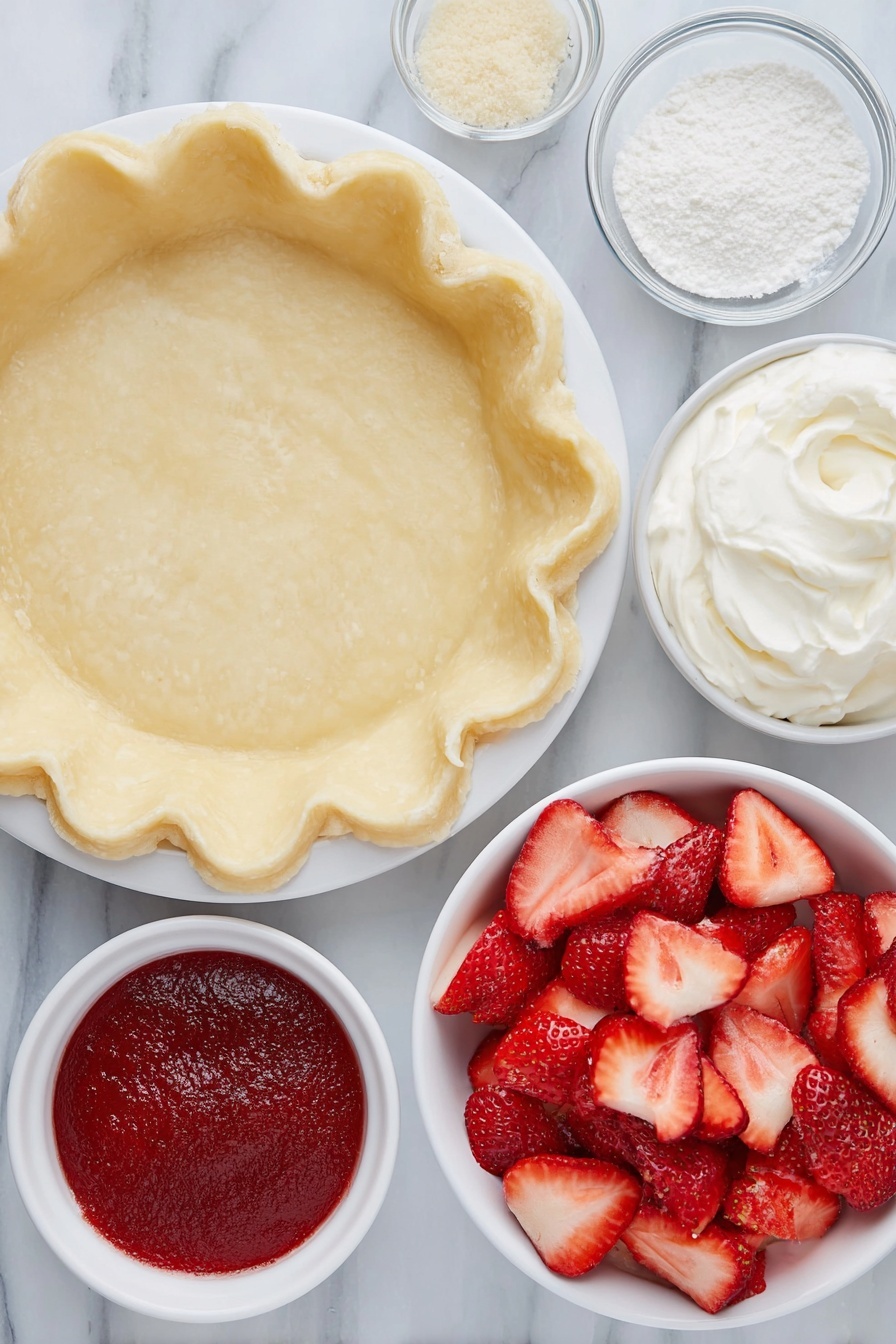 Easy Fresh Strawberry Pie, strawberry pie, summer fruit dessert, easy strawberry dessert, homemade strawberry pie - Flat lay of fresh whole golden pie crust resting on a simple white ceramic plate, a small white bowl filled with fine white cornstarch powder, a small white bowl containing granulated sugar, a small white bowl with clear water, a small white bowl holding vibrant red strawberry gelatin powder, a white ceramic bowl heaped with sliced fresh strawberries showing their juicy red flesh and green leaves, a small white bowl of smooth fresh whipping cream, all arranged in perfect symmetry, placed on a clean white marble surface, soft natural light, photo taken with an iPhone, professional food photography style, fresh ingredients, white ceramic bowls, no bottles, no duplicates, no utensils, no packaging --ar 2:3 --v 7 --p m7354615311229779997
