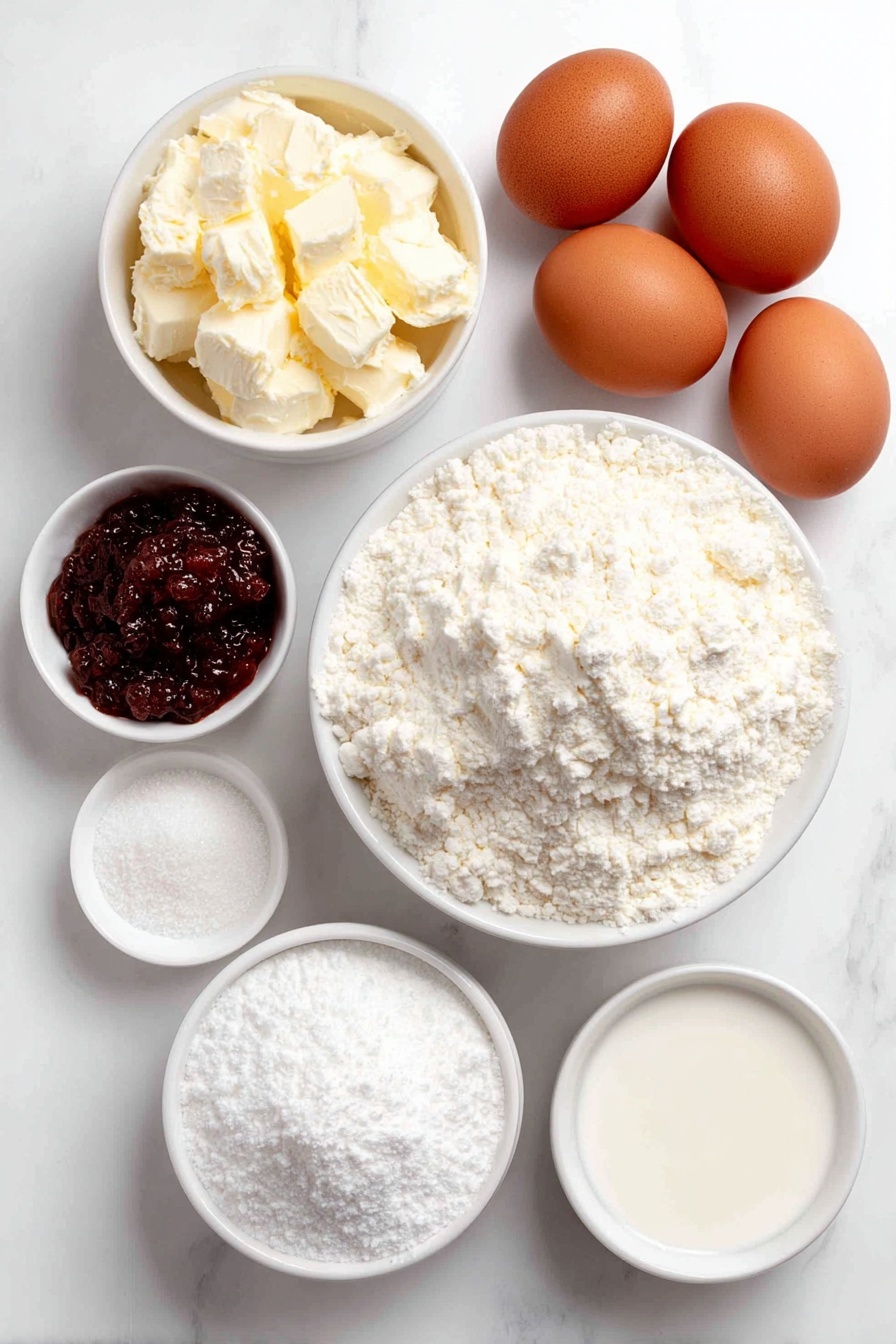 Cherry Pie Bars with Almond Glaze, cherry dessert bars, easy cherry dessert recipes, almond glaze cherry bars, fruity bar dessert - Flat lay of a small white ceramic bowl of softened unsalted butter, a small white ceramic bowl filled with granulated sugar, four whole brown eggs with clean shells, a small white ceramic bowl of clear vanilla extract, a small white ceramic bowl of almond extract, a small white ceramic bowl of all-purpose flour, a small white ceramic bowl of fine salt, a simple white ceramic bowl heaped with bright red cherry pie filling, a small white ceramic bowl of powdered sugar, and a small white ceramic bowl of milk placed on a clean white marble surface, soft natural light, photo taken with an iPhone, professional food photography style, fresh ingredients, white ceramic bowls, no bottles, no duplicates, no utensils, no packaging --ar 2:3 --v 7 --p m7354615311229779997