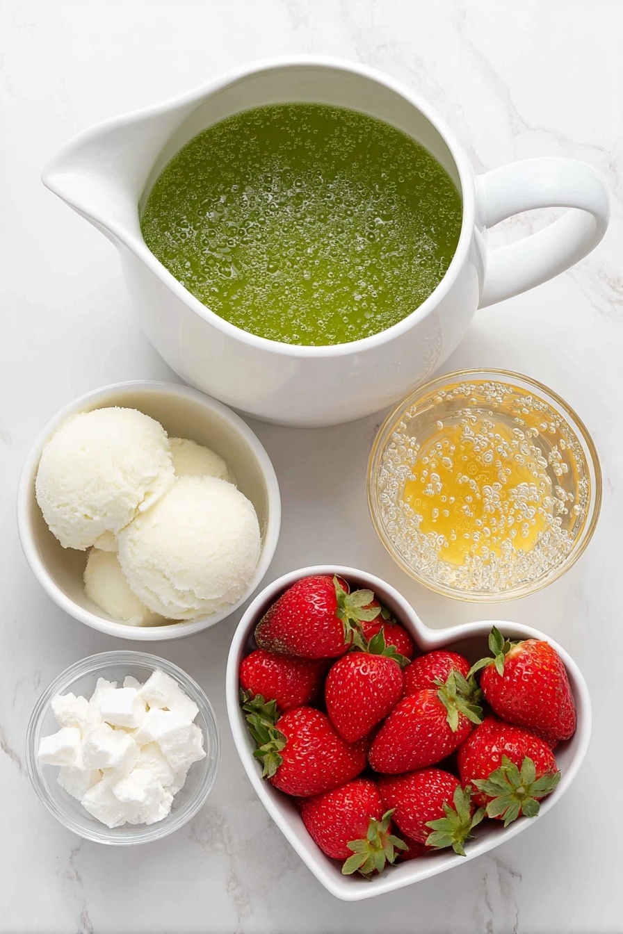 Grinch Punch Lime Sherbet festive holiday drink party punch bright green holiday beverage - Flat lay of a large white ceramic pitcher filled with bright green liquid, small white bowls holding pale green scoops of lime sherbet, a small white bowl of clear sparkling lemon-lime soda with bubbles visible, and a small white bowl filled with fresh whole strawberries cut into heart shapes, all arranged symmetrically and balanced, placed on a clean white marble surface, soft natural light, photo taken with an iPhone, professional food photography style, fresh ingredients, white ceramic bowls, no bottles, no duplicates, no utensils, no packaging --ar 2:3 --v 7 --p m7354615311229779997