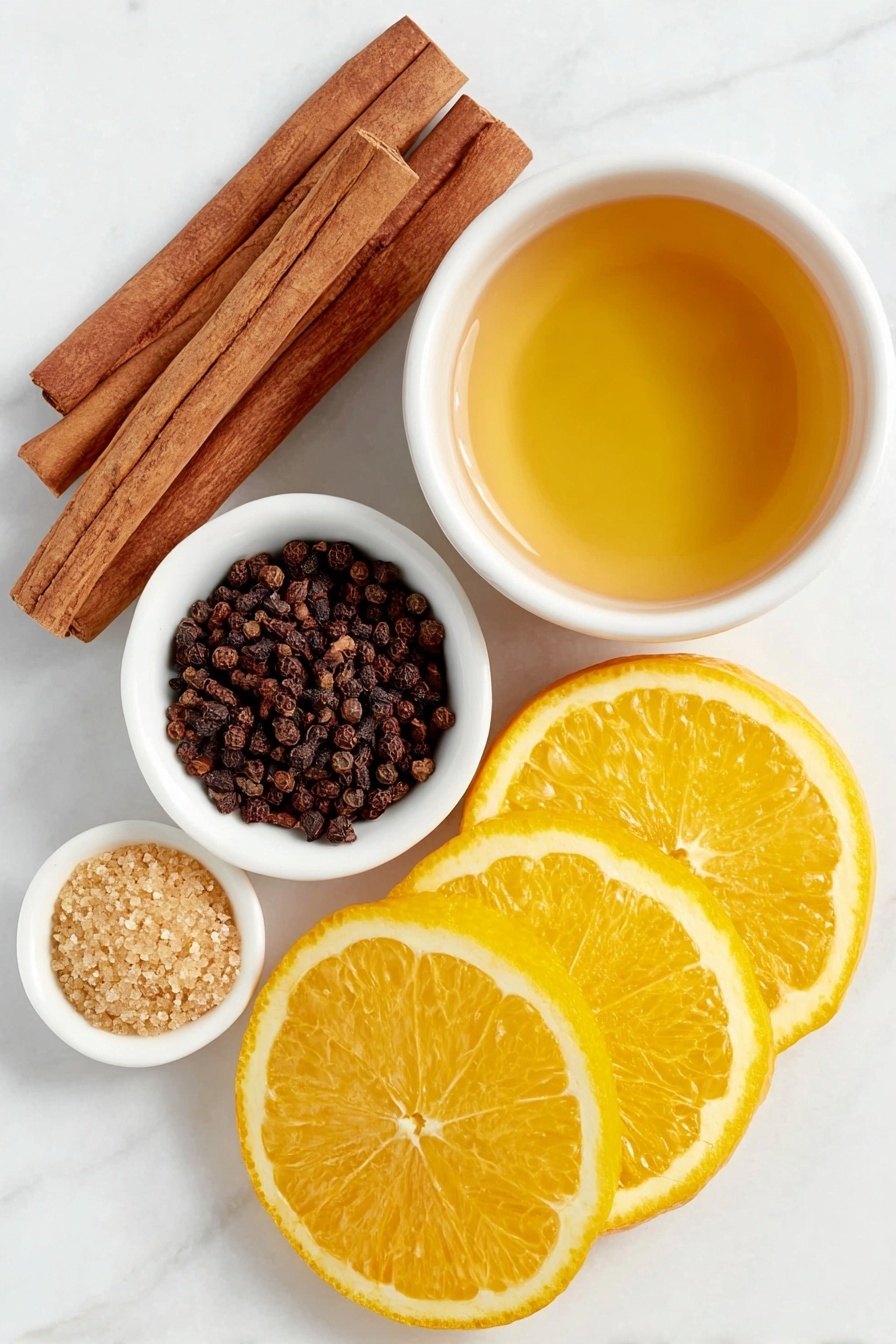 Slow Cooker Apple Cider, apple cider recipe, warm fall drinks, cozy apple cider, homemade apple cider - Flat lay of two whole cinnamon sticks, a small white ceramic bowl of whole cloves, a small white ceramic bowl of whole allspice berries, a small white ceramic bowl filled with light brown sugar, a large fresh orange sliced into rounds, and a small white ceramic bowl filled with golden apple cider, arranged symmetrically and balanced, placed on a clean white marble surface, soft natural light, photo taken with an iPhone, professional food photography style, fresh ingredients, white ceramic bowls, no bottles, no duplicates, no utensils, no packaging --ar 2:3 --v 7 --p m7354615311229779997