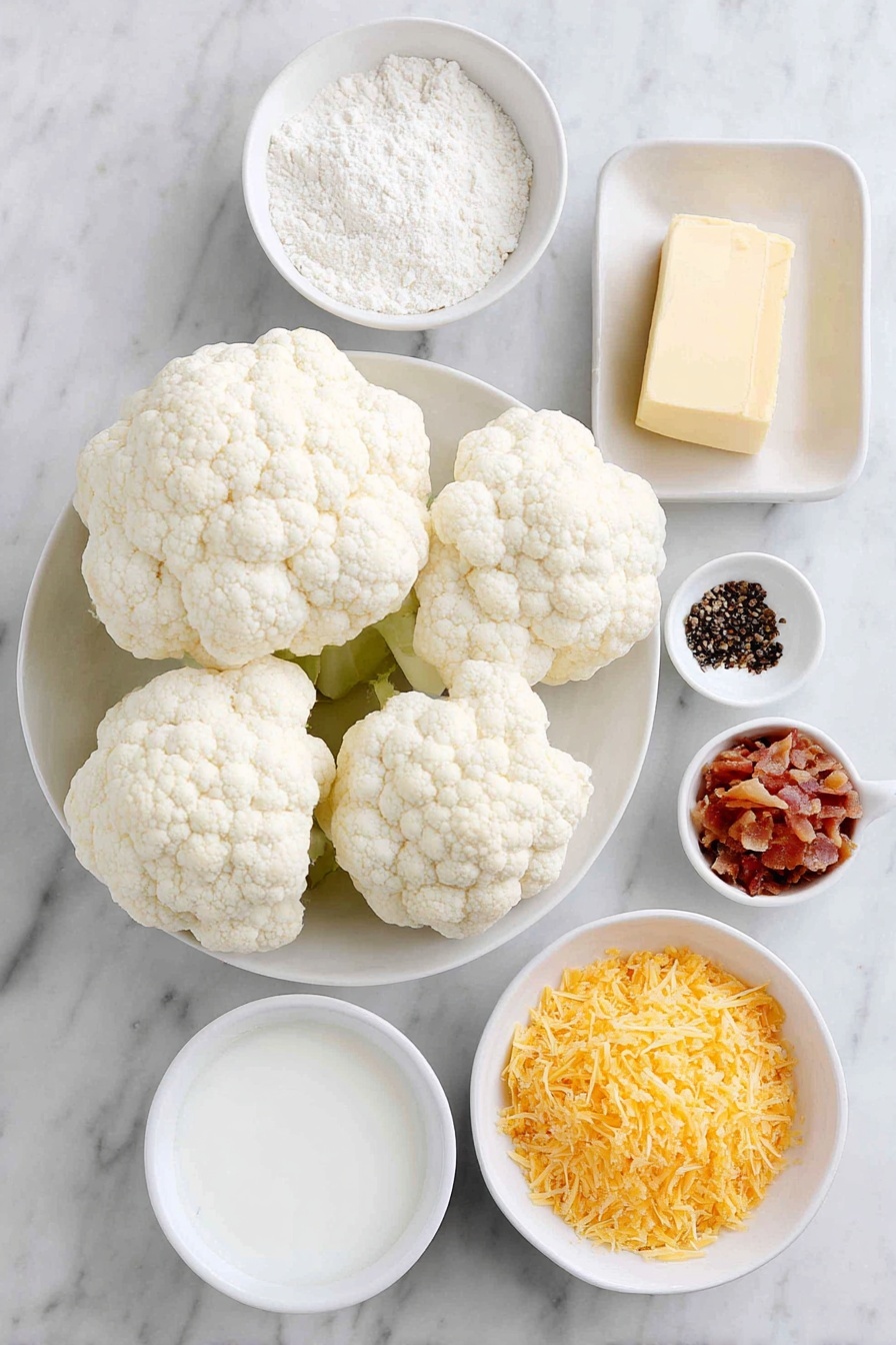 Creamy Cauliflower Bacon Gratin, cheesy cauliflower side dish, bacon and cauliflower casserole, easy cheesy gratin recipe, comfort food cauliflower - Flat lay of fresh cauliflower florets, a small pile of chopped raw bacon, a stick of unsalted butter, a small white bowl with all-purpose flour, a small white bowl of milk, a small white bowl filled with grated gruyere cheese, a small white bowl of salt crystals, a small white bowl of black peppercorns, a small white bowl containing freshly grated parmesan cheese, a small white bowl with melted unsalted butter, a small white bowl of golden bread crumbs all arranged in perfect symmetry on a simple white ceramic surface placed on a clean white marble surface, soft natural light, photo taken with an iPhone, professional food photography style, fresh ingredients, white ceramic bowls, no bottles, no duplicates, no utensils, no packaging --ar 2:3 --v 7 --p m7354615311229779997