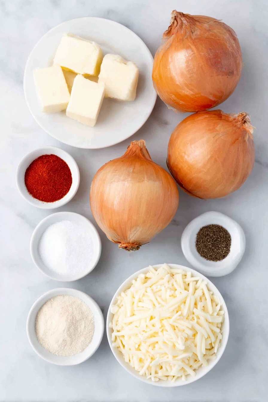 Cheesy Baked Onions, baked onion side dish, cheesy onion recipe, caramelized onion cheese bake, easy onion side dish - Flat lay of three large sweet onions with golden papery skins, small pile of butter cubes on a white ceramic plate, a small white bowl of garlic powder, a small white bowl of Italian seasoning herbs, a small white bowl of coarse kosher salt, a small white bowl of bright red paprika powder, a small white bowl of ground black pepper, a small white bowl of cayenne pepper, a small white bowl filled with shredded sharp cheddar cheese, a small white bowl with shredded creamy mozzarella cheese, and a small white bowl containing shredded pale Parmesan cheese all arranged in perfect symmetry, placed on a clean white marble surface, soft natural light, photo taken with an iPhone, professional food photography style, fresh ingredients, white ceramic bowls, no bottles, no duplicates, no utensils, no packaging --ar 2:3 --v 7 --p m7354615311229779997