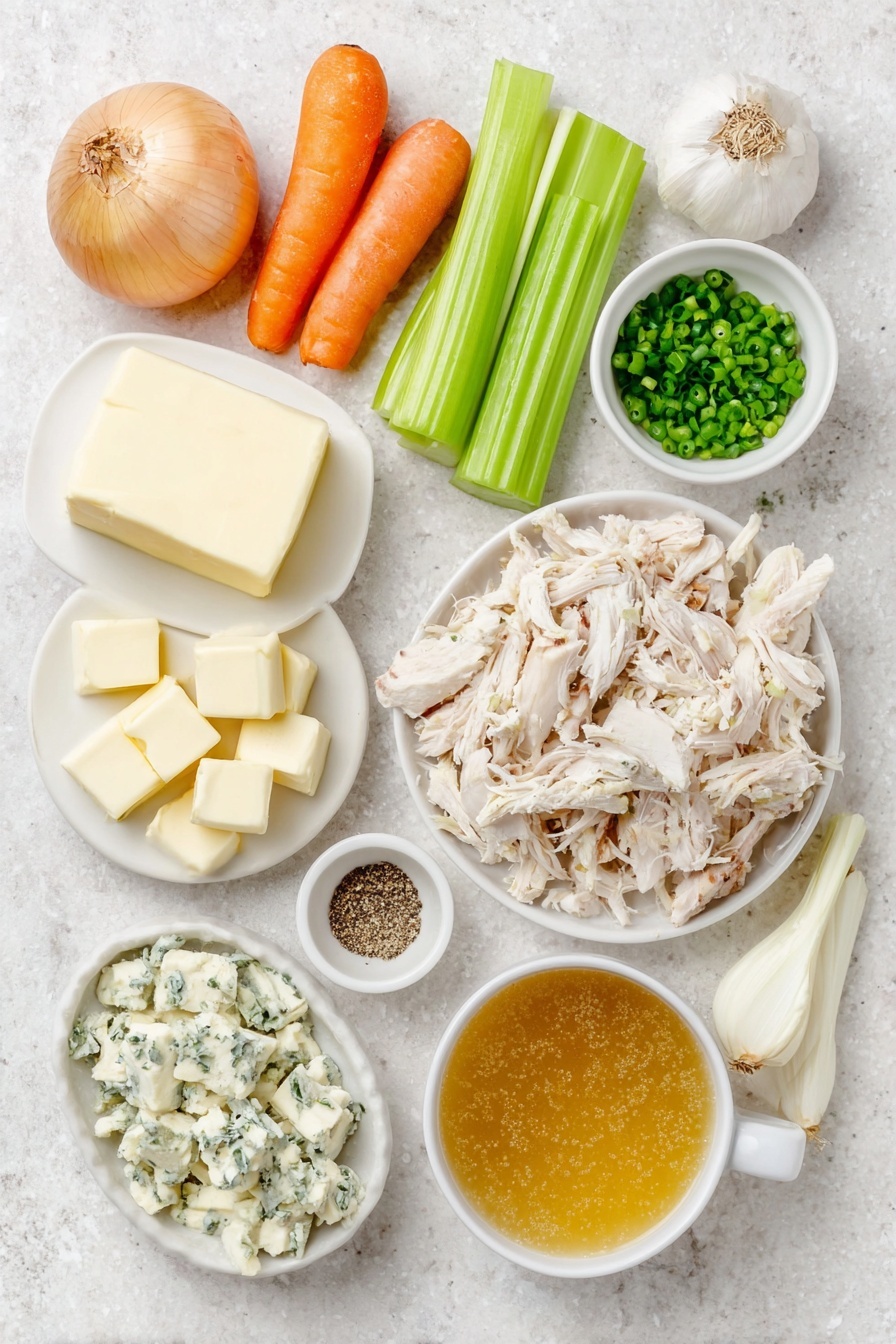 Buffalo Chicken Soup, spicy creamy chicken soup, easy buffalo chicken dish, game day comfort food, quick weeknight soup - Flat lay of unsalted butter in a small white ceramic dish, half a medium yellow onion diced on a white plate, two celery sticks whole and fresh, two medium carrots whole and bright orange, three whole garlic cloves unpeeled, small white ceramic bowls with onion powder, garlic powder, dried parsley, kosher salt, and black pepper each, a large white ceramic bowl filled with golden chicken broth, a small white ceramic bowl with vibrant orange buffalo sauce, shredded cooked chicken neatly piled on a white plate, cream cheese cut into small cubes on a white plate, crumbled blue cheese in a small white bowl, chopped green onions scattered lightly on the surface, all ingredients fresh and natural, perfectly symmetrical arrangement, placed on a clean white marble surface, soft natural light, photo taken with an iPhone, professional food photography style, fresh ingredients, white ceramic bowls, no bottles, no duplicates, no utensils, no packaging --ar 2:3 --v 7 --p m7354615311229779997