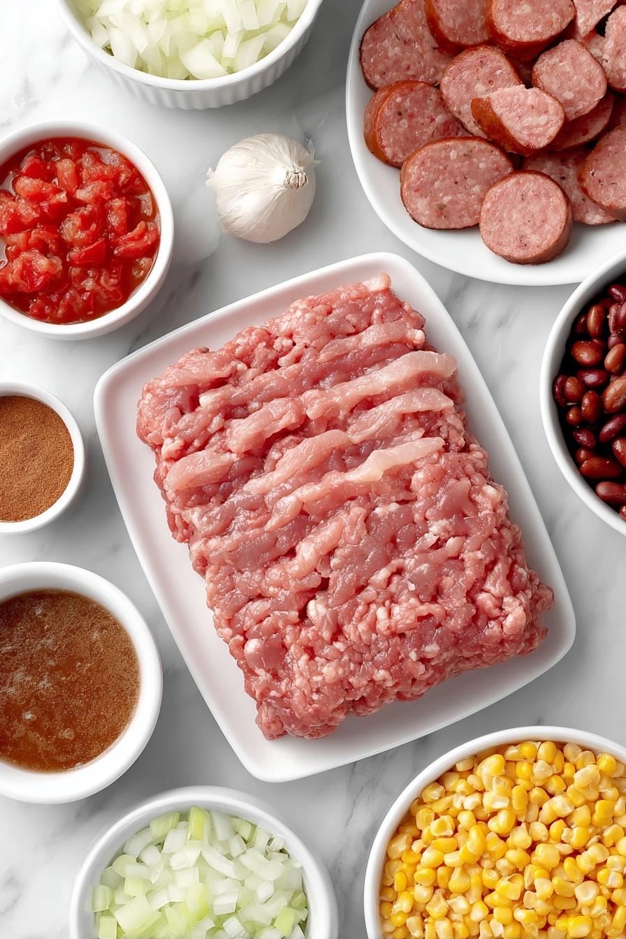 Texas Cowboy Stew, hearty cowboy stew, smoky beef stew, classic Texas recipes, easy one-pot stew - Flat lay of six slices of raw bacon arranged neatly on a simple white ceramic plate, one pound of raw lean ground beef shaped into a compact mound on a white ceramic dish, a small pile of diced pale yellow onion pieces on a white bowl, two cloves of fresh garlic peeled and finely minced displayed beside whole cloves on a white bowl, several slices of smoked sausage about 1/4-inch thick fanned out on a white plate, a small white bowl filled with bright red diced tomatoes with juice, a white bowl holding rinsed pinto beans, another white bowl containing black beans, a white bowl with diced tomatoes and green chiles glistening in juice, a white bowl with golden whole kernel corn, three peeled and diced Yukon Gold potatoes displayed on a separate white plate, a small white bowl filled with rich brown beef broth, and two small white bowls each containing ground cumin and chili powder neatly placed side by side, all ingredients fresh and natural, perfect symmetry and balanced layout, placed on a clean white marble surface, soft natural light, photo taken with an iPhone, professional food photography style, fresh ingredients, white ceramic bowls, no bottles, no duplicates, no utensils, no packaging --ar 2:3 --v 7 --p m7354615311229779997