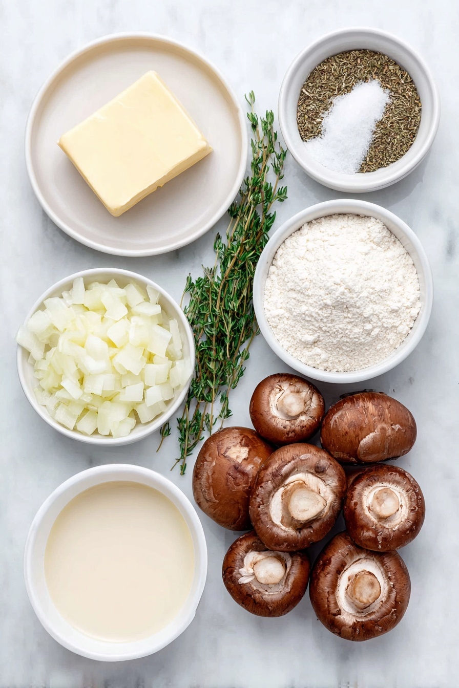 Creamy Mushroom Soup, hearty mushroom soup, easy mushroom soup, comforting mushroom recipes, velvety mushroom soup - Flat lay of a small pat of butter on a simple white ceramic plate, a small white ceramic bowl filled with diced yellow onion, a neat pile of fresh baby Bella mushrooms with rich brown caps and creamy stems, a small white ceramic bowl holding a scoop of pale all-purpose flour, a small white ceramic bowl containing mixed dried Italian herbs, a few fresh thyme sprigs with tiny green leaves, three whole cloves of garlic with smooth white skins, a small white ceramic bowl of coarse salt and cracked black pepper, a larger white ceramic bowl filled with clear golden chicken broth, and a small white ceramic bowl of thick heavy cream, all arranged symmetrically on a clean white marble surface, soft natural light, photo taken with an iPhone, professional food photography style, fresh ingredients, white ceramic bowls, no bottles, no duplicates, no utensils, no packaging --ar 2:3 --v 7 --p m7354615311229779997