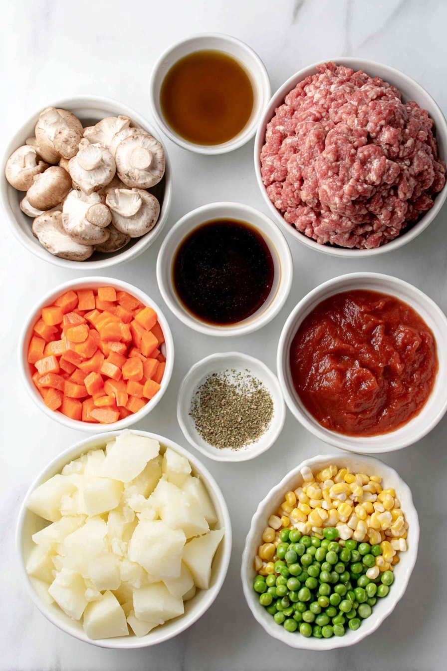 Hearty Ground Beef Hobo Stew, hearty beef stew, easy beef vegetable stew, comforting ground beef recipes, filling family dinner ideas - Flat lay of two tablespoons olive oil in a small white bowl, a mound of fresh ground beef, a small white bowl with diced yellow onion, a small white bowl with chopped bright orange carrots, a small white bowl filled with sliced brown mushrooms, a small white bowl holding minced garlic cloves, a small white bowl with dark brown Worcestershire sauce, a small white bowl with mixed Italian seasoning herbs, a small white bowl of fresh diced red tomatoes with juice, a small white bowl filled with reddish beef broth, a small white bowl with vibrant red tomato juice, a small white bowl containing peeled, cubed white potatoes, a small white bowl holding bright yellow frozen corn kernels, a small white bowl with fresh green peas, salt and pepper sprinkled neatly on the white surface in small piles, all balanced symmetrically and placed on a clean white marble surface, soft natural light, photo taken with an iPhone, professional food photography style, fresh ingredients, white ceramic bowls, no bottles, no duplicates, no utensils, no packaging --ar 2:3 --v 7 --p m7354615311229779997