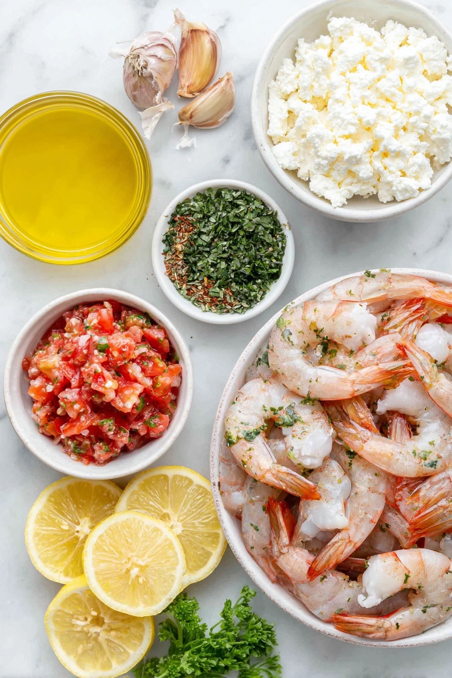 Greek Shrimp with Feta and Tomatoes, Greek shrimp recipe, Mediterranean seafood dish, quick shrimp dinner, feta and tomato shrimp - Flat lay of a small white ceramic bowl of extra virgin olive oil, a peeled and finely chopped small yellow onion, four whole uncracked brown garlic cloves, a simple white ceramic bowl filled with bright red diced tomatoes, a small white ceramic bowl of golden honey, a small pile of fresh chopped parsley, a small mound of dried oregano leaves, a pinch of red pepper flakes on a white ceramic dish, fresh large raw shrimp with shells removed arranged symmetrically, a simple white ceramic bowl with crumbled white feta cheese, a small heap of chopped fresh mint leaves, and fresh lemon wedges on a white ceramic plate placed on a clean white marble surface, soft natural light, photo taken with an iPhone, professional food photography style, fresh ingredients, white ceramic bowls, no bottles, no duplicates, no utensils, no packaging --ar 2:3 --v 7 --p m7354615311229779997