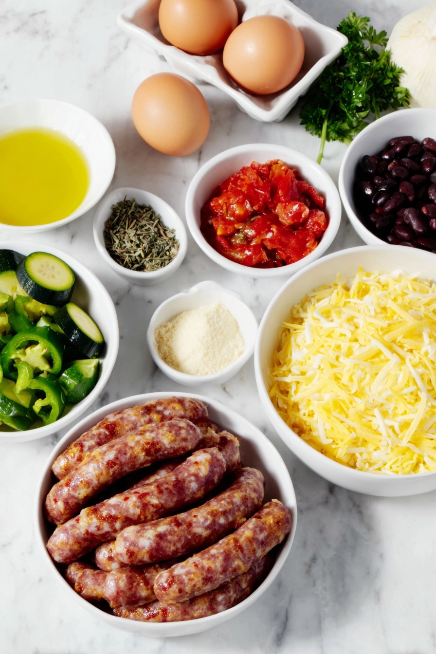 Sausage and Zucchini Skillet, easy sausage and zucchini recipe, one-pan sausage and vegetable dish, quick zucchini skillet, hearty sausage skillet meal - Flat lay of a small white ceramic bowl of golden olive oil, a few sprigs of fresh flat-leaf parsley, a cluster of glossy green zucchini sliced in halves and rounds, a handful of chopped bright green bell pepper, two whole uncracked brown eggs, a pile of sliced smoked turkey sausage with visible spices and a browned exterior, a small white bowl filled with finely chopped yellow onion, a small white bowl of minced garlic cloves, a mound of uncooked instant brown rice grains, a small white bowl of diced ripe red tomatoes, a small white bowl of low-sodium chicken broth with a golden hue, a small white bowl holding whole black beans, a small white bowl containing a bright orange-red chili powder, a small white bowl of light brown ground cumin, a few dried thyme sprigs, a pinch of cayenne pepper in a small white bowl, and a small white bowl filled with shredded cheddar and Mexican blend cheese, all arranged in perfect symmetry on a clean white marble surface, soft natural light, photo taken with an iPhone, professional food photography style, fresh ingredients, white ceramic bowls, no bottles, no duplicates, no utensils, no packaging --ar 2:3 --v 7 --p m7354615311229779997