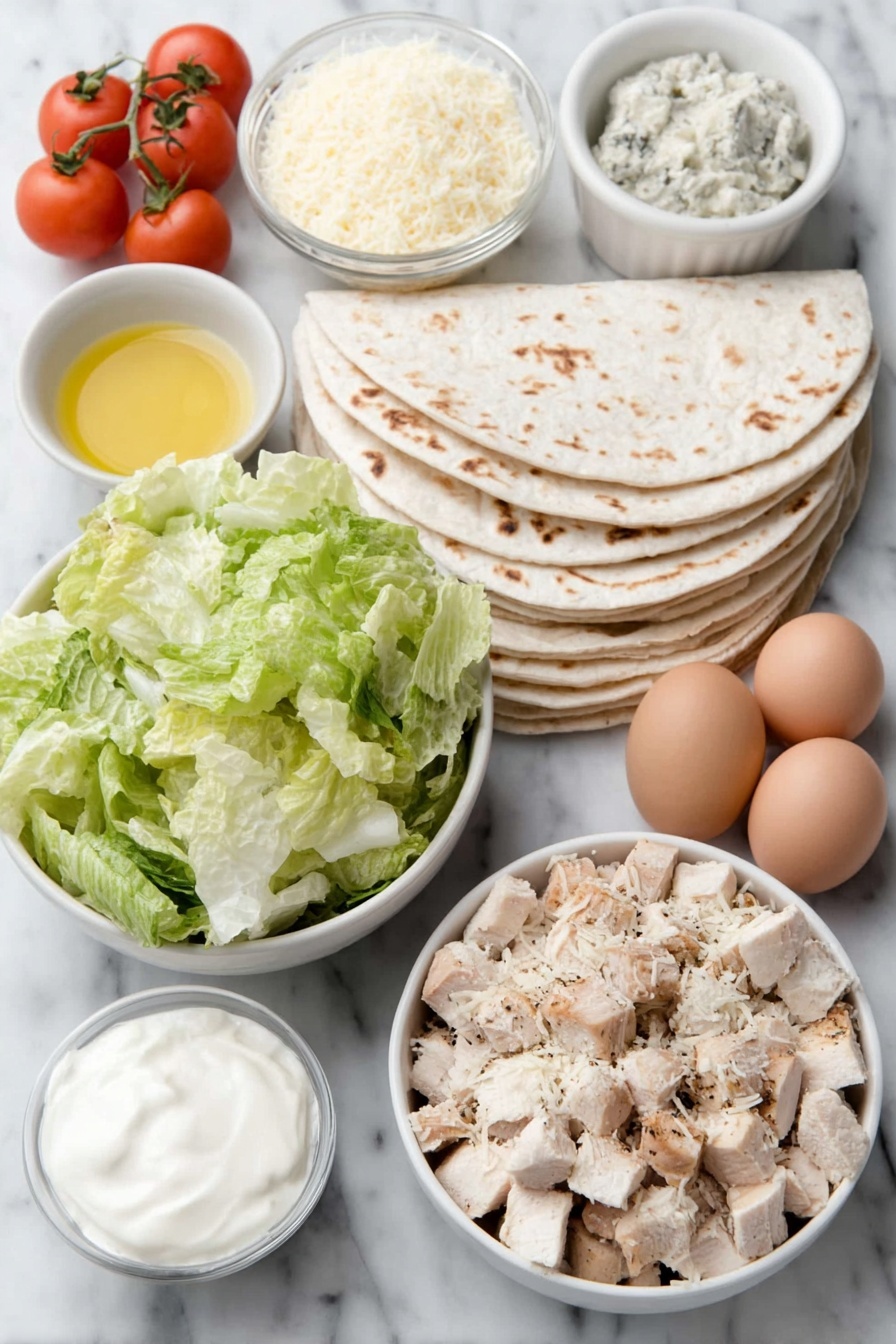 Chicken Caesar Wraps, Caesar Wraps Recipe, Easy Chicken Wraps, Healthy Chicken Wraps, Chicken Lunch Ideas - Flat lay of rotisserie chicken chunks, fresh chopped romaine lettuce leaves, halved red grape tomatoes, a small white bowl of finely shredded parmesan cheese, diced ripe avocado pieces, five whole burrito-size white tortillas stacked neatly, a small white bowl of creamy plain Greek yogurt, a small white bowl of smooth mayonnaise, a small white bowl with golden olive oil, a tiny white bowl containing mashed anchovy paste, a small white bowl with fresh lemon juice, a small white bowl of dark Worcestershire sauce, a small white bowl holding smooth Dijon mustard, a small white bowl with minced garlic, whole uncracked brown eggs, salt and black pepper in petite white bowls — all arranged symmetrically and proportionately on a clean white marble surface, soft natural light, photo taken with an iPhone, professional food photography style, fresh ingredients, white ceramic bowls, no bottles, no duplicates, no utensils, no packaging --ar 2:3 --v 7 --p m7354615311229779997