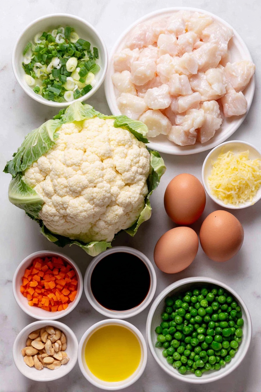 Cauliflower Chicken Fried Rice, healthy cauliflower fried rice, low-carb chicken fried rice, quick dinner ideas, easy stir-fry recipes - Flat lay of a large head of fresh cauliflower with green leaves partially attached, a pile of diced raw boneless skinless chicken breast cubes, a few sprigs of white and light green chopped green onions in a small white ceramic bowl, minced fresh ginger root pieces in a small white bowl, peeled minced garlic cloves in a small white bowl, a small white bowl filled with frozen peas and bright orange carrot cubes, three whole uncracked brown eggs, and a small white ceramic bowl of dark soy sauce, a small white bowl of golden olive oil, a small white bowl of amber sesame oil, and a small white bowl of chopped unsalted peanuts, all arranged symmetrically and evenly spaced, placed on a clean white marble surface, soft natural light, photo taken with an iPhone, professional food photography style, fresh ingredients, white ceramic bowls, no bottles, no duplicates, no utensils, no packaging --ar 2:3 --v 7 --p m7354615311229779997