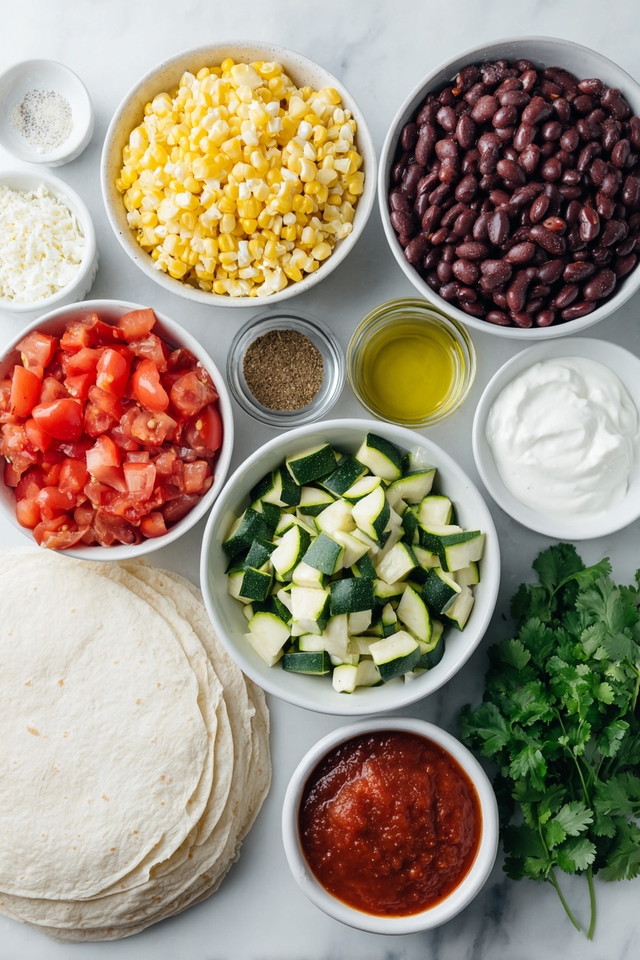 Roasted Veggie and Black Bean Tacos, healthy vegetarian tacos, easy veggie taco recipe, quick plant-based dinner, flavorful roasted vegetable tacos - Flat lay of fresh diced medium tomatoes with seeds removed, bright golden ears of corn kernels freshly cut from cob, diced green zucchini, diced yellow summer squash, chopped small yellow onion, diced vibrant red bell pepper, small white ceramic bowls with golden olive oil and pale canola oil, a small white bowl of ground cumin powder, a small white bowl with reddish chili powder, whole black peppercorns and coarse salt crystals artistically arranged, rinsed glossy black beans in a white ceramic bowl, a small bunch of fresh cilantro sprigs, a small white bowl containing freshly squeezed lime juice, a neat stack of soft golden corn tortillas arranged in a fan shape, fresh white crumbled queso fresco sprinkled lightly over a corner, a small white bowl of smooth white sour cream, and a small white bowl of bright red Mexican hot sauce, placed on a clean white marble surface, soft natural light, photo taken with an iPhone, professional food photography style, fresh ingredients, white ceramic bowls, no bottles, no duplicates, no utensils, no packaging --ar 2:3 --v 7 --p m7354615311229779997