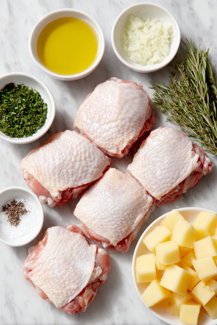 Lemon Herb Baked Chicken and Potatoes, healthy baked chicken and potatoes, easy lemon herb chicken and potatoes, one-pan chicken and potatoes, flavorful baked chicken recipes - Flat lay of six raw bone-in skin-on chicken thighs with natural pink skin tones, a small white bowl of golden olive oil, a small white bowl containing bright yellow lemon zest flakes, a small white bowl filled with fresh pale yellow lemon juice, a small white bowl with finely minced white garlic, a small white bowl holding chopped fresh green thyme leaves, a small white bowl with chopped fresh green rosemary, a small white bowl with chopped fresh bright green parsley, a pile of medium-sized Yukon gold potatoes cut into even cubes with smooth yellow skins and creamy interiors, coarse white salt crystals and a small mound of freshly ground black peppercorns all arranged with perfect symmetry and balanced proportions, placed on a clean white marble surface, soft natural light, photo taken with an iPhone, professional food photography style, fresh ingredients, white ceramic bowls, no bottles, no duplicates, no utensils, no packaging --ar 2:3 --v 7 --p m7354615311229779997