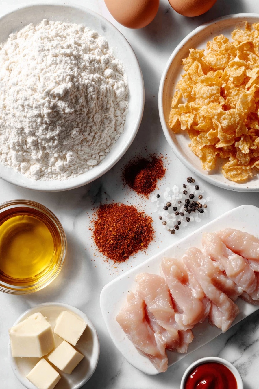 Hot Honey Chicken Strips, spicy honey chicken, crispy chicken strips with honey, easy hot honey chicken recipe, homemade hot honey chicken - Flat lay of a small mound of all-purpose flour on a simple white ceramic plate, scattered smoked paprika and garlic powder beside it on the same plate, ancho chili powder and onion powder arranged in neat piles nearby, two large uncracked brown eggs on a white ceramic dish, a generous pile of crushed golden cornflakes lightly coated with olive oil in a small white ceramic bowl, raw chicken breast strips cut on a bias laid out neatly on a white ceramic plate, a small white ceramic bowl filled with golden honey, another small white ceramic bowl containing vibrant red Sriracha sauce, a few small cubes of unsalted butter on a white ceramic plate, coarse salt and cracked black pepper grains arranged artistically on the white surface, all ingredients spaced evenly and symmetrically placed on a clean white marble surface, soft natural light, photo taken with an iPhone, professional food photography style, fresh ingredients, white ceramic bowls, no bottles, no duplicates, no utensils, no packaging --ar 2:3 --v 7 --p m7354615311229779997