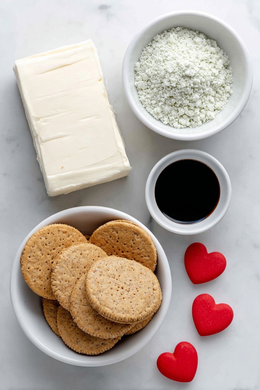 Grinch Oreo Balls, festive holiday treats, Christmas no-bake desserts, fun holiday snacks, green Oreo ball recipes - Flat lay of a small mound of golden Oreo cookies, a block of smooth cream cheese, a few drops of vibrant red food coloring in a small white ceramic bowl, light green candy melts in a small white bowl, and several large red heart sprinkles scattered artfully, all arranged with perfect symmetry and balanced proportions on a clean white marble surface, soft natural light, photo taken with an iPhone, professional food photography style, fresh ingredients, white ceramic bowls, no bottles, no duplicates, no utensils, no packaging --ar 2:3 --v 7 --p m7354615311229779997
