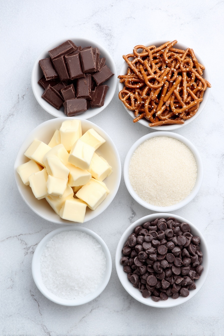 Chocolate Pretzel Crack Topper, salty sweet snack, easy holiday treats, crunchy chocolate desserts, no-bake dessert recipes - Flat lay of a small white ceramic bowl filled with golden unsalted butter chunks, a small white bowl heaped with dark brown packed brown sugar, a tiny white dish holding coarse flakey sea salt, a generous pile of crushed pretzel pieces scattered neatly, a small white bowl brimming with glossy semi-sweet chocolate chips, and a pinch of fine salt grains on the surface, all arranged in perfect symmetry on a clean white marble surface, soft natural light, photo taken with an iPhone, professional food photography style, fresh ingredients, white ceramic bowls, no bottles, no duplicates, no utensils, no packaging --ar 2:3 --v 7 --p m7354615311229779997