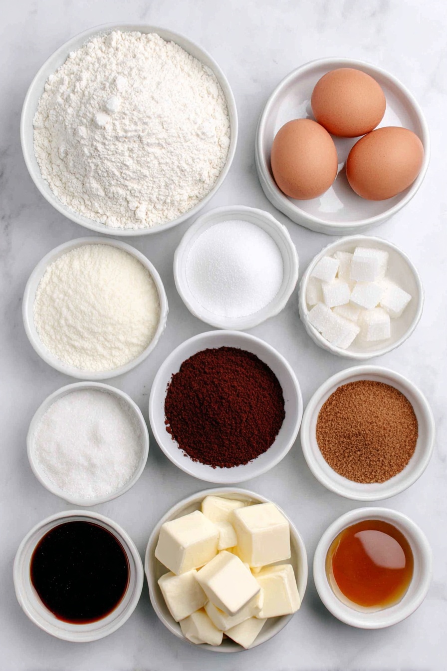 Gingerbread Bundt Cake with Maple Glaze, gingerbread fall desserts, holiday spice cake, moist ginger cake, cozy winter baked goods - Flat lay of a small heap of all-purpose flour, two small piles of granulated sugar and dark brown sugar, white ceramic bowls with cinnamon, ground ginger, and ground cloves, a small white bowl of baking powder and another of baking soda, a small white bowl of salt, a small white bowl with buttermilk, another small white bowl with milk, a small white bowl containing molasses, a small white bowl with vegetable oil, three whole uncracked brown eggs, a small white bowl with vanilla extract, a small white bowl with salted butter cubes, a small white bowl with pure maple syrup, a small white bowl filled with sifted powdered sugar, all arranged symmetrically and balanced on a clean white marble surface, soft natural light, photo taken with an iPhone, professional food photography style, fresh ingredients, white ceramic bowls, no bottles, no duplicates, no utensils, no packaging --ar 2:3 --v 7 --p m7354615311229779997