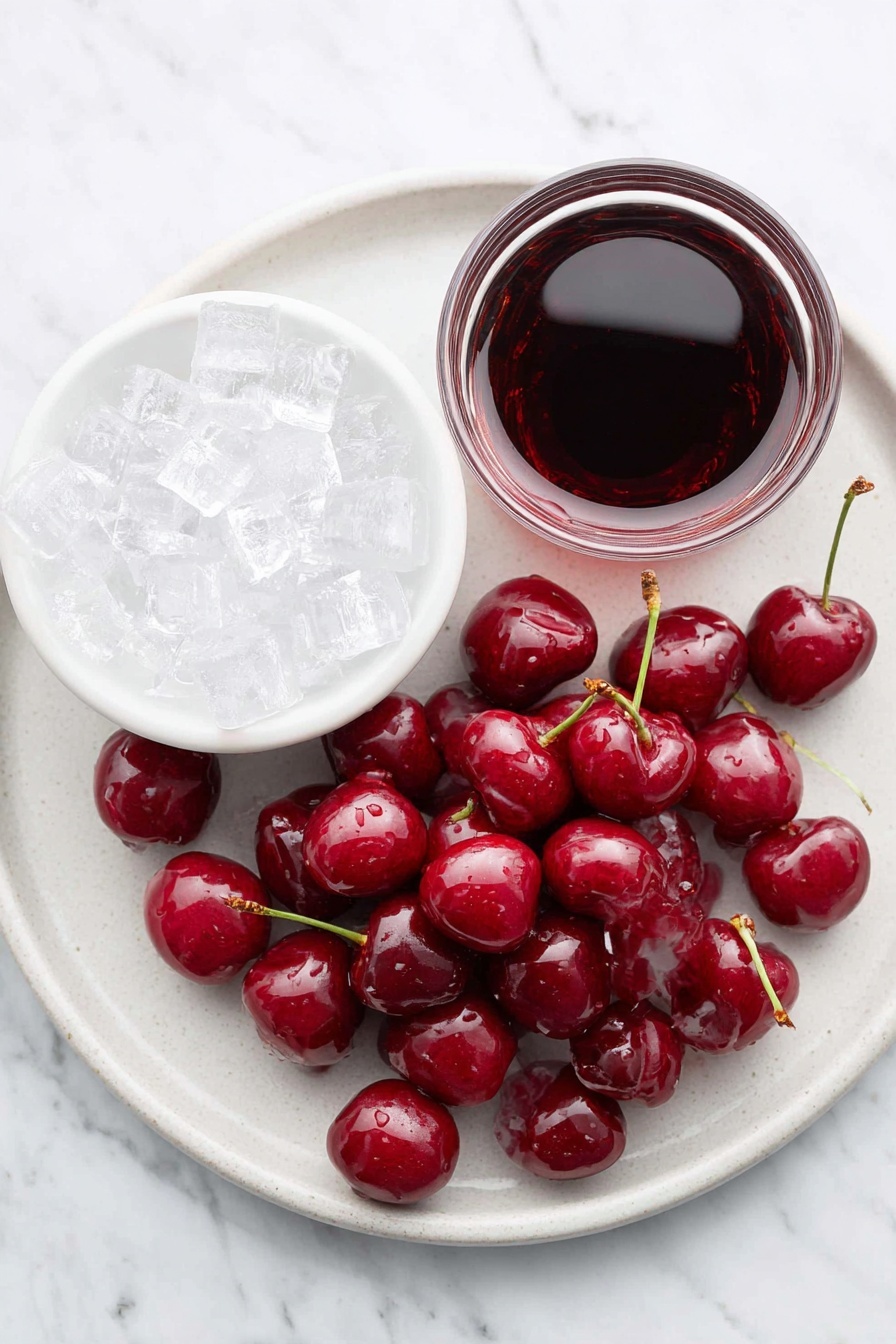 Roy Rogers Drink, Cherry Mocktail, Non-Alcoholic Cola Drink, Easy Summer Mocktail, Vintage Soda Fountain Drink - Flat lay of a small white bowl filled with bright red grenadine syrup, a pile of clear ice cubes, a few glossy maraschino cherries with stems, arranged neatly on a simple white ceramic plate with a dark cola-colored liquid poured to resemble Coca Cola, placed on a clean white marble surface, soft natural light, photo taken with an iPhone, professional food photography style, fresh ingredients, white ceramic bowls, no bottles, no duplicates, no utensils, no packaging --ar 2:3 --v 7 --p m7354615311229779997