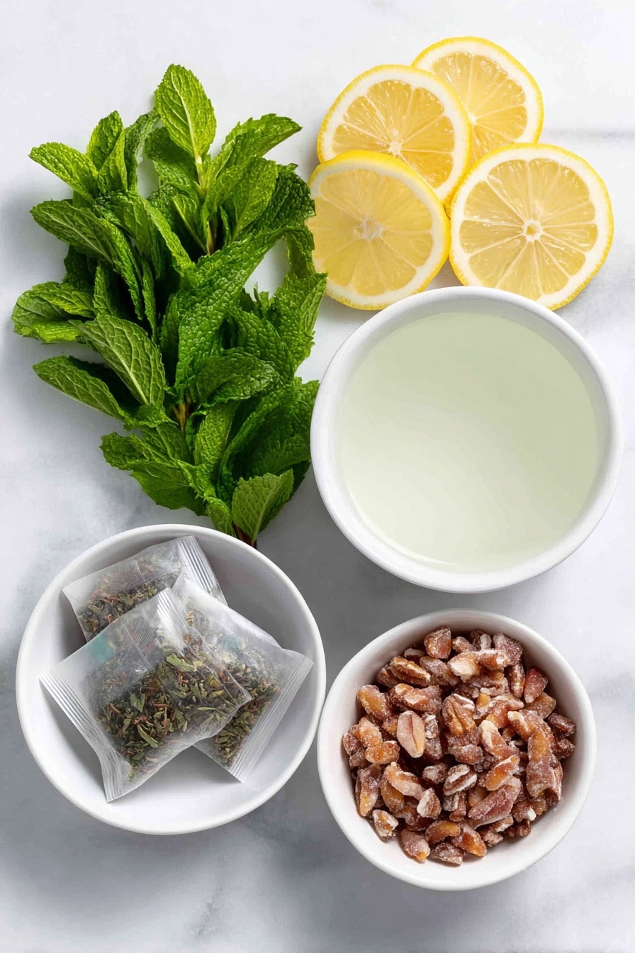 Copycat Starbucks Medicine Ball Tea, soothing tea recipe, Homemade Medicine Ball tea, comforting tea drink, refreshing herbal tea - Flat lay of fresh lemon slices arranged neatly, a small white ceramic bowl filled with clear lemonade, a small white ceramic bowl holding golden honey, two individually wrapped tea bags—one labeled peppermint with green tea leaves visible, the other labeled peach with delicate dried peach pieces visible, all placed symmetrically on a clean white marble surface, soft natural light, photo taken with an iPhone, professional food photography style, fresh ingredients, white ceramic bowls, no bottles, no duplicates, no utensils, no packaging --ar 2:3 --v 7 --p m7354615311229779997