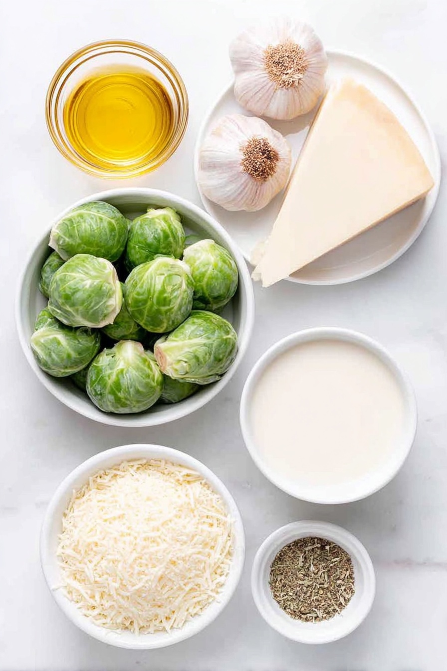 Creamy Parmesan Garlic Brussels Sprouts, Brussels Sprouts Side Dish, Garlic Parmesan Brussels, Easy Brussels Sprouts Recipe, Healthy Brussels Sprouts - Flat lay of fresh halved Brussels sprouts arranged next to three whole garlic cloves, a small white ceramic bowl of golden olive oil, a small white bowl filled with smooth heavy cream, another small white bowl containing clear chicken broth, a delicate mound of grated Parmesan cheese on a simple white plate, a small white bowl with fine cornstarch powder, and a scattering of mixed Italian seasoning herbs beside coarse salt and freshly cracked black peppercorns placed on a clean white marble surface, soft natural light, photo taken with an iPhone, professional food photography style, fresh ingredients, white ceramic bowls, no bottles, no duplicates, no utensils, no packaging --ar 2:3 --v 7 --p m7354615311229779997