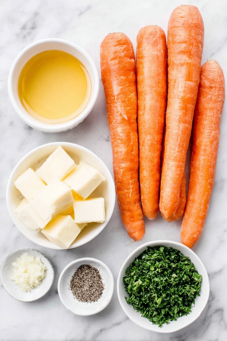 Sweet Honey Garlic Crockpot Carrots, honey garlic carrots, slow cooker carrot side dish, easy healthy carrot recipes, tender glazed carrots - Flat lay of whole fresh carrots with vibrant orange skin, a few small cubes of pale yellow unsalted butter neatly arranged, a small white ceramic bowl filled with golden honey, a small white bowl containing finely minced garlic, another small white bowl holding bright green chopped parsley, a small white bowl with coarse white salt crystals, and a small white bowl with freshly ground black pepper, all placed on a clean white marble surface, soft natural light, photo taken with an iPhone, professional food photography style, fresh ingredients, white ceramic bowls, no bottles, no duplicates, no utensils, no packaging --ar 2:3 --v 7 --p m7354615311229779997