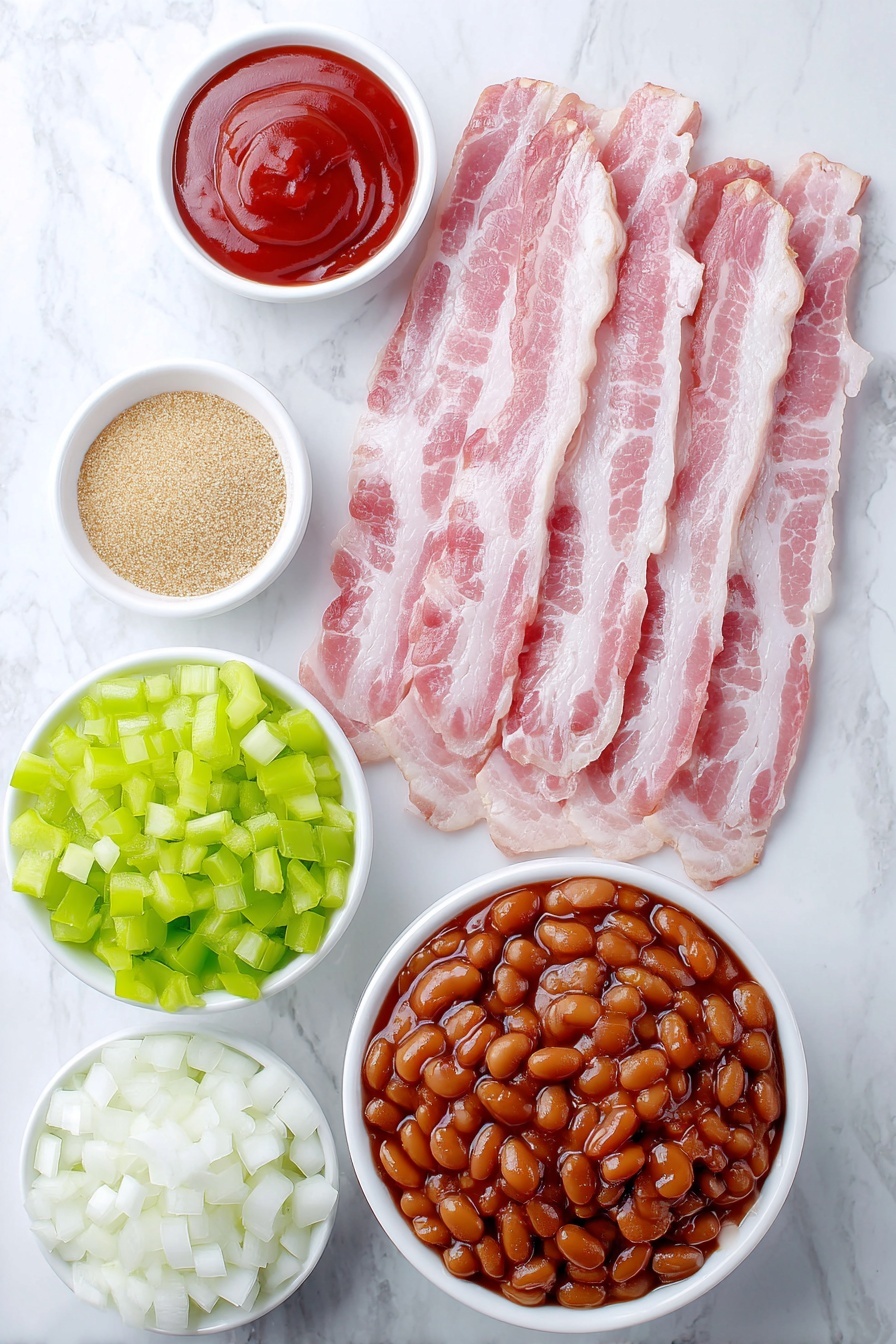 Best Baked Beans, baked beans recipe, smoky baked beans, hearty side dishes, easy baked beans - Flat lay of crispy raw bacon strips arranged neatly, a small pile of diced bright green bell pepper, a heap of freshly diced white onion, a simple white ceramic bowl filled with glossy pork and beans in rich sauce, a small white bowl of thick red ketchup, a small white bowl holding light brown granulated brown sugar, a small white bowl with dark brown Worcestershire sauce, all placed on a clean white marble surface, soft natural light, photo taken with an iPhone, professional food photography style, fresh ingredients, white ceramic bowls, no bottles, no duplicates, no utensils, no packaging --ar 2:3 --v 7 --p m7354615311229779997