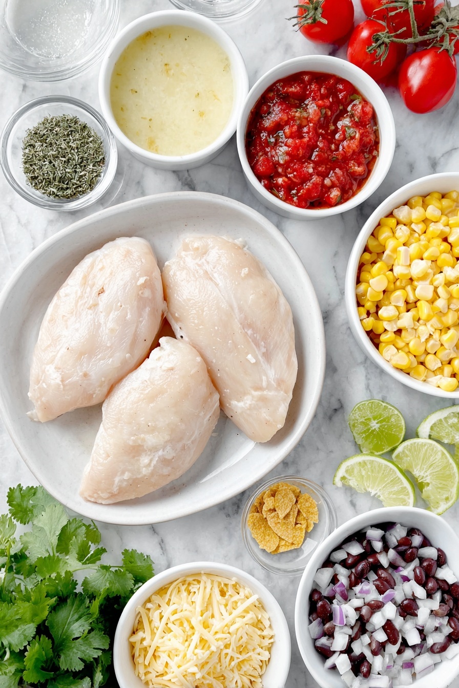 Slow Cooker Chicken Fajita Soup, Easy Chicken Fajita Soup, Tex-Mex Chicken Soup, Crockpot Fajita Soup, Healthy Chicken Fajita Meal - Flat lay of boneless skinless chicken breasts, two small white ceramic bowls—one filled with creamy light beige soup, one with bright red salsa, a white bowl of golden frozen corn kernels, a white bowl with shiny black beans, a white bowl with clear chicken broth, a small heap of golden-yellow ground cumin powder, a small pile of dried green cilantro leaves, a mound of shredded cheddar cheese, diced bright red tomatoes, quartered fresh green limes, a small bunch of fresh green cilantro sprigs, diced deep purple-red onion, diced green bell pepper pieces, and crispy golden tortilla strips, all arranged symmetrically on a clean white marble surface, soft natural light, photo taken with an iPhone, professional food photography style, fresh ingredients, white ceramic bowls, no bottles, no duplicates, no utensils, no packaging --ar 2:3 --v 7 --p m7354615311229779997