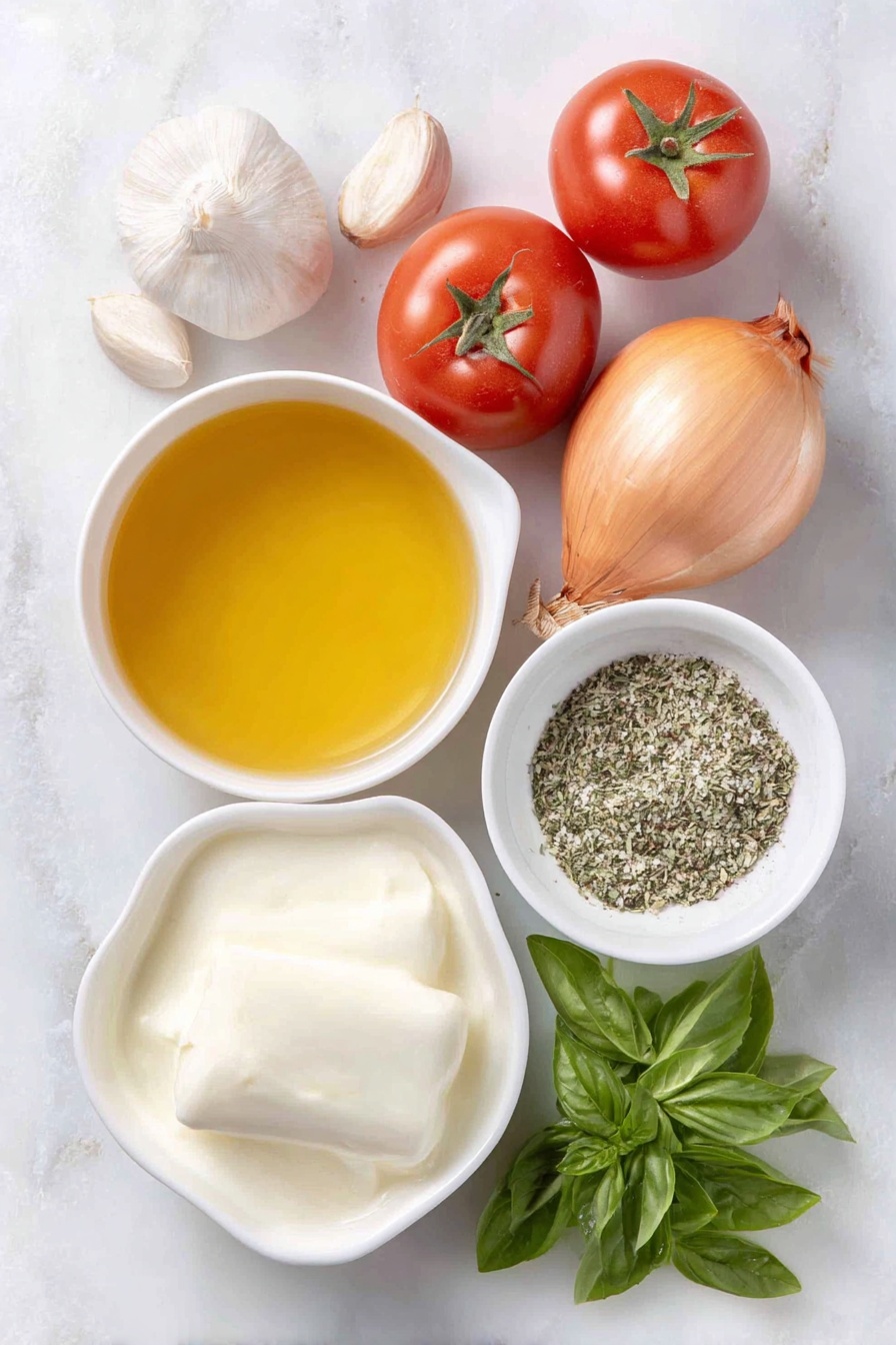 Creamy Tomato Basil Soup, Homemade Tomato Basil Soup, Easy Tomato Soup, Comforting Tomato Soup, Velvety Tomato Basil Soup - Flat lay of a small white ceramic bowl of golden olive oil, a small white ceramic bowl of creamy pale butter, one medium fresh yellow onion with papery skin, one whole white garlic bulb clove, a small white ceramic bowl containing a mix of dried Italian herbs, two glossy whole fresh San Marzano tomatoes with their stems, a small white ceramic bowl of clear golden chicken broth, a small white ceramic bowl of thick white heavy cream, a neat pile of bright green torn fresh basil leaves, and a small white ceramic bowl with coarse sea salt and freshly ground black pepper placed on a clean white marble surface, soft natural light, photo taken with an iPhone, professional food photography style, fresh ingredients, white ceramic bowls, no bottles, no duplicates, no utensils, no packaging --ar 2:3 --v 7 --p m7354615311229779997