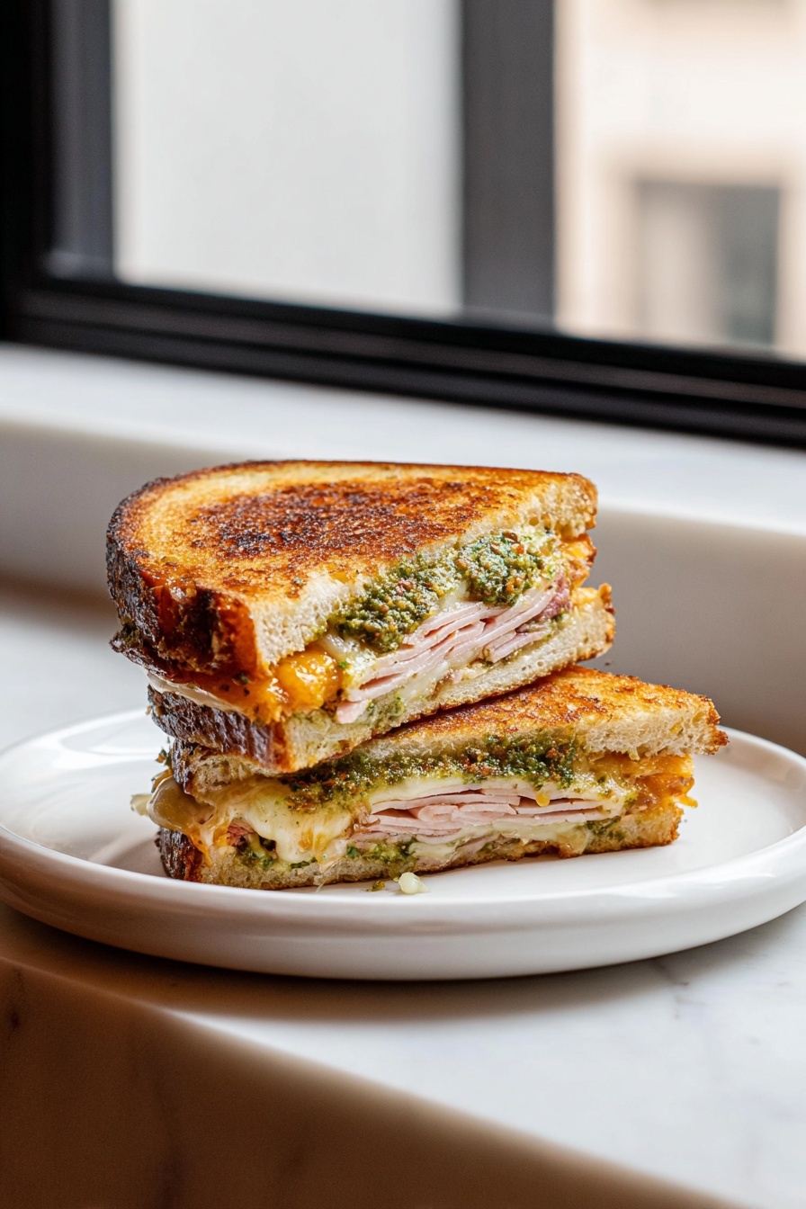 Turkey Pesto Grilled Cheese Sandwich, easy grilled cheese with turkey and pesto, quick turkey pesto sandwich, best turkey pesto grilled cheese, flavorful turkey pesto sandwich - The image shows a sandwich cut in half and stacked with one half on top of the other on a white plate. The sandwich has three visible layers: the top and bottom layers are toasted bread with a golden brown, slightly crispy texture, the middle layers include thin slices of light pink meat, bright orange melted cheese, and a green spread that looks like pesto. The filling layers have a mix of soft and moist textures, while the toasted bread looks crunchy. The plate is placed on a surface with a white marbled texture near a window with black framing. photo taken with an iphone --ar 2:3 --v 7