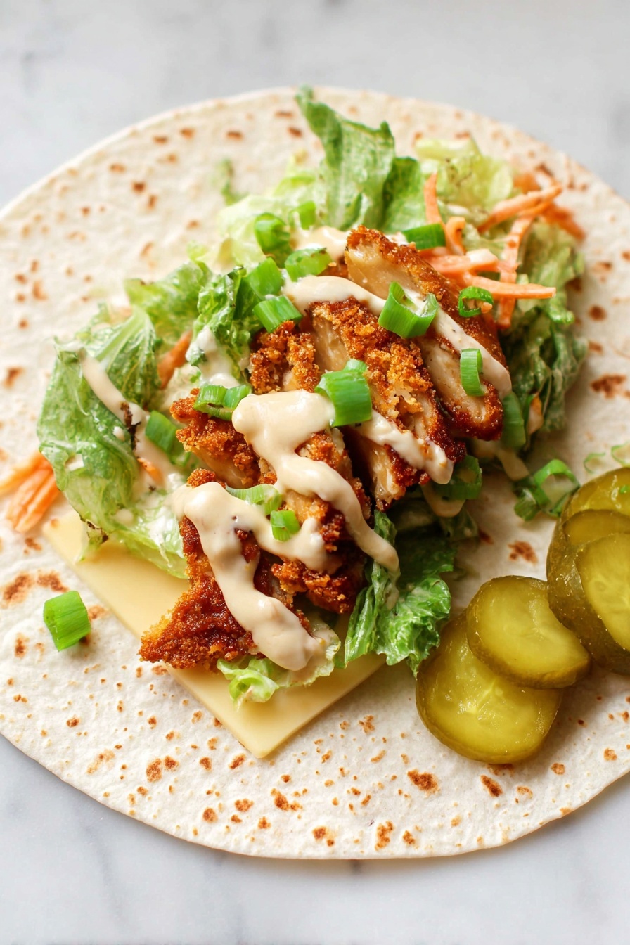 Honey Mustard Chicken Wraps, easy chicken wraps, quick lunch recipes, spicy honey mustard sauce, crispy chicken wrap ideas - A close-up view of a wrap cut in half and stacked on top of each other, with a golden-brown toasted outer layer showing a slightly crisp texture. Inside, there are two thick pieces of cooked white meat, surrounded by fresh green lettuce, light green cucumber chunks, and small orange carrot bits mixed with a creamy sauce. The wrap is placed on a white plate set on a white marbled surface, with some blurred background elements like a salad bowl and other dishes visible but out of focus. photo taken with an iphone --ar 2:3 --v 7