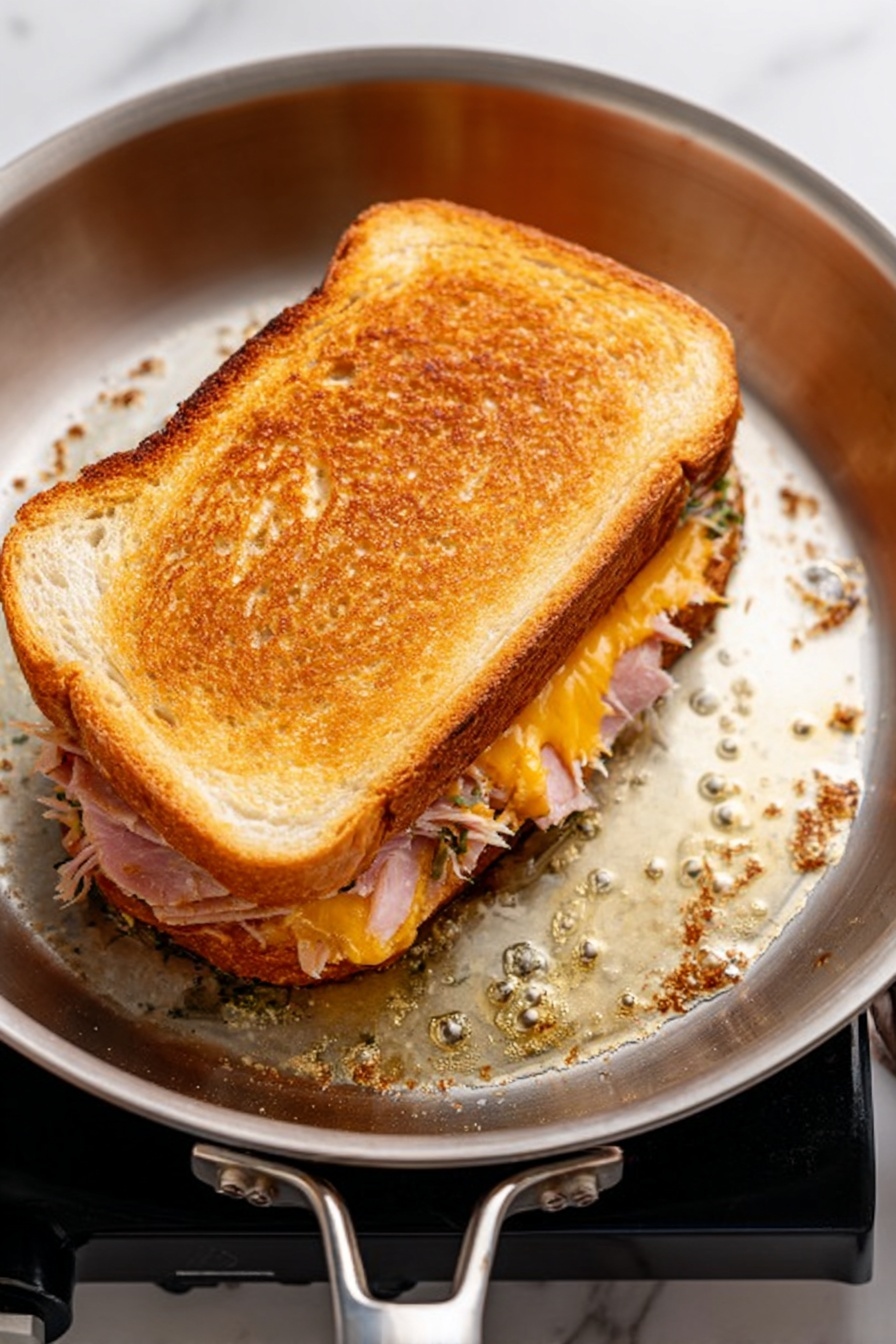 Turkey Pesto Grilled Cheese Sandwich, easy grilled cheese with turkey and pesto, quick turkey pesto sandwich, best turkey pesto grilled cheese, flavorful turkey pesto sandwich - A close-up view of a grilled sandwich cooking in a shiny metal pan on a black electric hot surface, placed on a white marbled background. The sandwich has two toasted slices of golden-brown bread; the top piece is slightly darker and crisp. Inside, there are thin slices of light pink meat with seasoning and melted orange cheese oozing out from one side. The pan shows melted butter or oil bubbles around the sandwich with small browned bits near the edges. The lighting highlights the texture of the bread and the glisten of the melted cheese. photo taken with an iphone --ar 2:3 --v 7