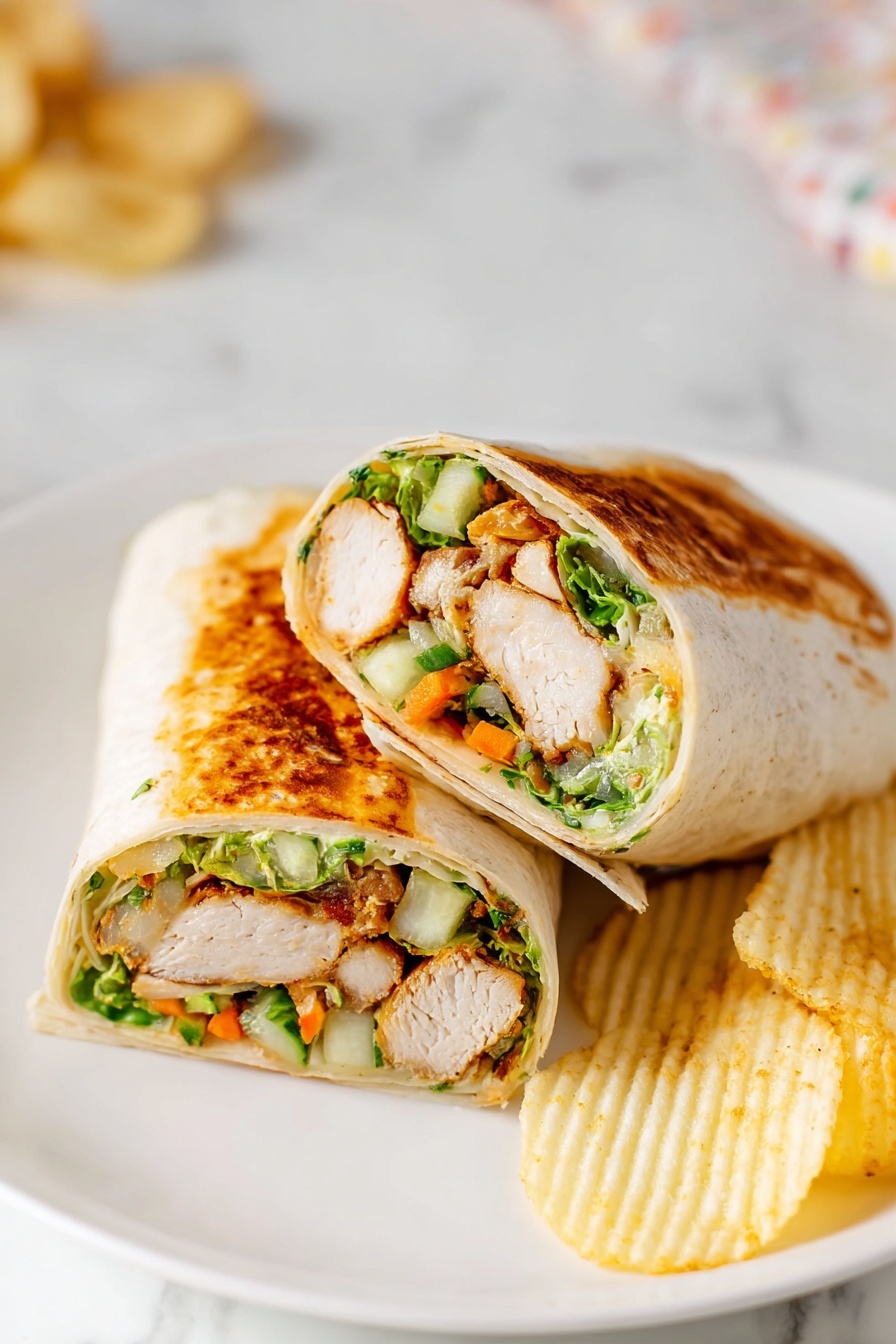 Honey Mustard Chicken Wraps, easy chicken wraps, quick lunch recipes, spicy honey mustard sauce, crispy chicken wrap ideas - A white plate holds two halves of a toasted wrap with a golden-brown crispy outer layer. Inside, the wrap is filled with several layers: thick slices of light brown grilled chicken, fresh green lettuce, small bright orange carrot pieces, and slices of cucumber showing a mix of light and dark green skin. The filling looks moist and fresh, tightly wrapped by a soft white flatbread with a slightly crisp texture on the outside. The scene is set on a white marbled surface, with two ridged potato chips blurred in the background. Photo taken with an iphone --ar 2:3 --v 7