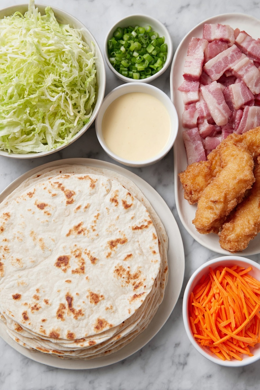 Honey Mustard Chicken Wraps, easy chicken wraps, quick lunch recipes, spicy honey mustard sauce, crispy chicken wrap ideas - Flat lay of large soft flour tortillas stacked neatly, golden crispy cooked bacon slices chopped into pieces on a simple white ceramic plate, thin slices of pale yellow provolone cheese fanned out on a white ceramic dish, fresh bright green leaf lettuce shredded in a white bowl, vibrant orange julienned carrots in a small white bowl, small cubed light green cucumber pieces in a white ceramic bowl, shiny green dill pickle chips arranged on a white plate, chopped fresh green onions scattered beside a small white bowl of smooth creamy honey mustard dressing made with Greek yogurt, mayo, Dijon mustard, golden honey, and a touch of red sriracha, and perfectly cooked lightly breaded golden brown chicken tenders placed on a white ceramic plate, all ingredients fresh and natural, balanced symmetrical arrangement placed on a clean white marble surface, soft natural light, photo taken with an iPhone, professional food photography style, fresh ingredients, white ceramic bowls, no bottles, no duplicates, no utensils, no packaging --ar 2:3 --v 7 --p m7354615311229779997