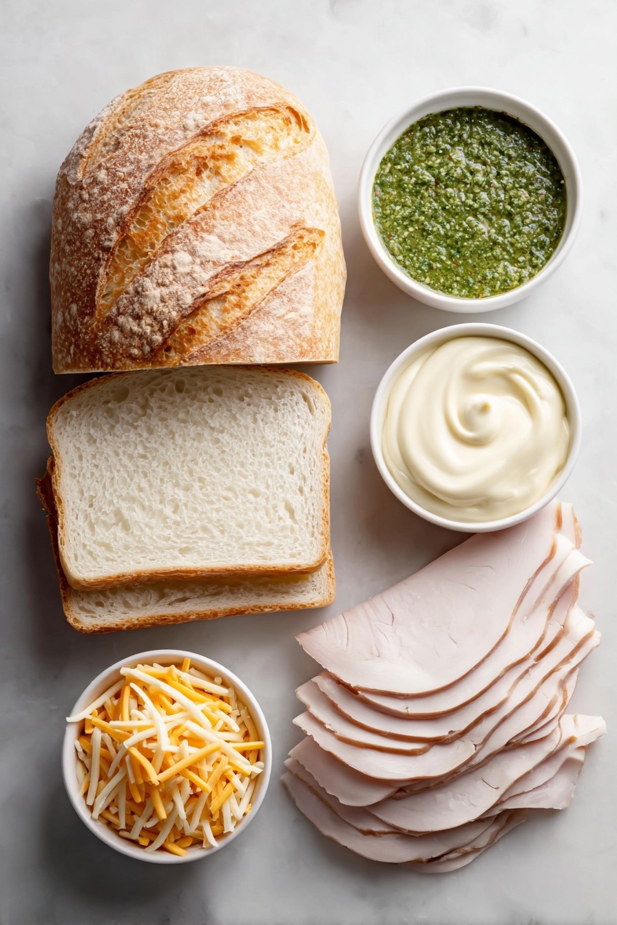 Turkey Pesto Grilled Cheese Sandwich, easy grilled cheese with turkey and pesto, quick turkey pesto sandwich, best turkey pesto grilled cheese, flavorful turkey pesto sandwich - Flat lay of a few slices of rustic sourdough bread with a golden crust, a small white ceramic bowl of vibrant green basil pesto, a small white ceramic bowl holding creamy pale yellow mayonnaise, neatly arranged thin slices of oven-roasted turkey with light pepper flecks, a mound of shredded Monterey Jack cheese with a pale ivory color, a mound of shredded bright orange cheddar cheese, all placed on a clean white marble surface, soft natural light, photo taken with an iPhone, professional food photography style, fresh ingredients, white ceramic bowls, no bottles, no duplicates, no utensils, no packaging --ar 2:3 --v 7 --p m7354615311229779997